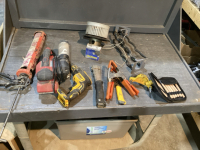 CAULKING GUN, SKIL BELT SANDER, 20V DEWALT DRYWALL SCREW GUN, CLAMPS, TRAILER LOCK W/KEY, HAMMER TACKER NO INSERT, SMALL CARVING CHISELS,