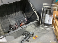 TOTE OF MISC CLAMPS, 2 FREEZER RACKS, POWER BAR, CRICKET VINYL