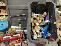 TOTE OF GROUT SUPPLIES. 14&rdquo; TAPING KNIVES , GOLD PAINT, PAINTING SUPPLIES, CAULKING GUNS