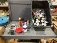 TOTE SPRAY PAINT, SPRAY ADHESIVE, DIFFERENT PAINTS, SANDED GROUT, WHITE ACRYLIC SEALANT, QUICK CRETE, ACRYLIC PATCH, SCREEN CLEANING WIPES, PL300 FOAM BOARD ADHESIVE, ETC