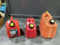 3 JERRY CANS, 2W/SPOUTS, CALL HAVE CAPS, 2 - 5L, 1 - 9.4L