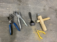 2 LEATHER PUNCHES, STRAP CUTTER, HAND SKIVING TOOL, PLIERS