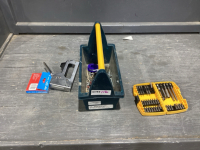 CARRY BOX WITH HAND STAPLER, STAPLES, DEWALT BIT KIT, MISC HARDWARE