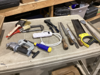 MITRE SAW, RASPS, RIVETER, PAINT BRUSHES