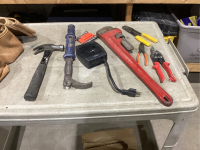 TOTE W/24 INCH PIPE WRENCH, WORK BELTS, NUT DRIVER