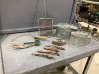 BOX W/ VINTAGE ITEMS - SICKLE, SHEEP SHEARS, FIREPLACE BASKET, SAD IRON, ANTIQUE STOVE TOOLS