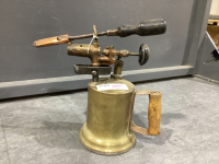 ANTIQUE BRASS TORCH W/ WOOD HANDLE AND TOOL