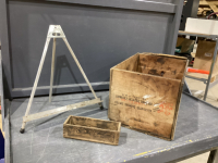 ANTIQUE BC WOOD FRUIT CRATE W/ SMALL BURNS GOLDENLOAF CHEESE BOX AND A METAL STAND