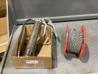 SMALL BOX W/ GREASE GUN AND LIGHT WEIGHT HARDWARE CHAIN