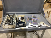 METAL BIN W/ SHELF BRACKETS, (3) PACKS TARP GRABBERS