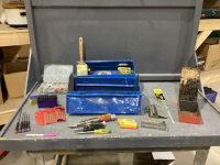 BLUE PAINTED TOOLBOX W/ MISC TOOLS - SCREWDRIVERS,SPARK PLUGS, BITS