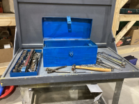 BLUE METAL TOOLBOX W/ TOOLS - SOCKETS, WRENCHES, BALL BEEN HAMMER, VICE GRIPS