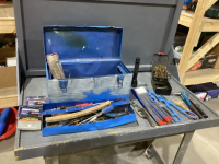 BLUE METAL TOOL BOX W/ MISC TOOLS - SCREWDRIVERS, DRILL BITS, MAG FLASHLIGHT, WESTWARD RIVETER, SNAP RING PLIERS, TIN SNIPS, ETC