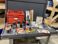 ROLLING CRATE W/ HEAT TAPE, KWIK & JB WELD, THERMOSTATS, SMALL CRAFT PAINT BRUSHES, TEAK OIL, SPRAY PAINT, SMOKE ALARM ETC