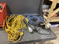 BOX OF EXTENSION CORDS, TROUBLE LIGHT, FAN (WITHOUT COVER)