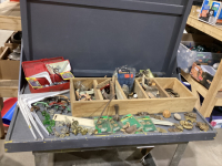 WOOD BOX W/ SHELF BRACKETS, RETRO DRAWER PULLS, MIRROR HOLDERS, SMALL HINGES, SMALL GLASS KNOBS, OLD DEAD BOLTS, BRASS "LION" DOOR KNOCKER, ETC