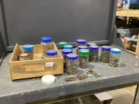 CONTAINERS OF VARIOUS SIZE SCREWS, IN WOOD BOX