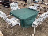 Patio table and chairs, tablecloth and chair cushions