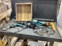 WOOD BOX W/ MISC POWER TOOLS - BOSCH DRILL, MAKITA BELT SANDER, ,MAKITA SCREW GUN, DEWALT 1/2 HAMMER DRILL