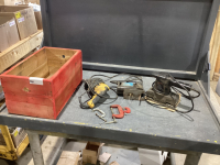 WOOD BOX W/ POWER TOOLS - DEWALT SCREW GUN, ROCKWELL JIGSAW, B&D FINISHING SANDER, AND SOME C-CLAMPS