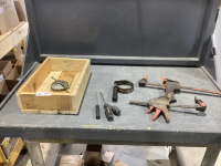 WOOD BOX W/ CLAMPS, A FEW SCREWDRIVERS,
