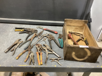 WOOD BOX W/ VARIETY OF PLIERS, NIPPERS, TIN SNIPS, VICE GRIPS ETC