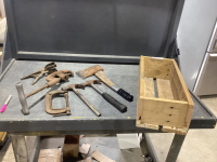 WOOD BOX W/ AXE HEAD W/ SHORT HANDLE, HAMMERS, C-CLAMP, PIPE CUTTER