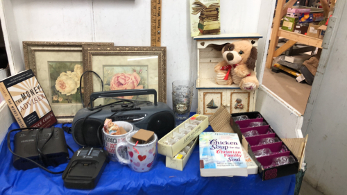 (2)BOXES DECOR PIECES, CD PLAYER, STUFFIES, MUGS