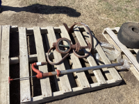 PALLET W/ CULTIVATOR SHANKS, BARREL PUMP, IRRIGATION BUTTERFLY VALVE