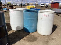 (3) PLASTIC BARRELS - 1 BLUE, 2 WHITE -45 GALLONS