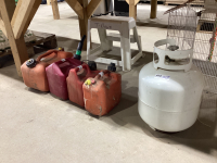 PROPANE BOTTLE AND 4 JERRY CANS