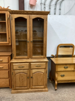 OAK FINISH CHINA CABINET - LIGHTED.....COMES IN 2 PIECES