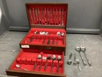 WOOD SILVERWARE CHEST W/ STAINLESS SILVERWARE - INCOMPLETE SET....MADE IN KOREA