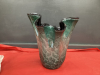 UNIQUE FLUTED GLASS VASE W/ LIGHT GREEN COLORS