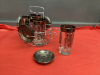 SILVER RIMMED GLASSES W/ COASTERS. ON CADDY