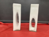 (2) WHITE GLASS VASES W/ CLEAR OVAL AREAS