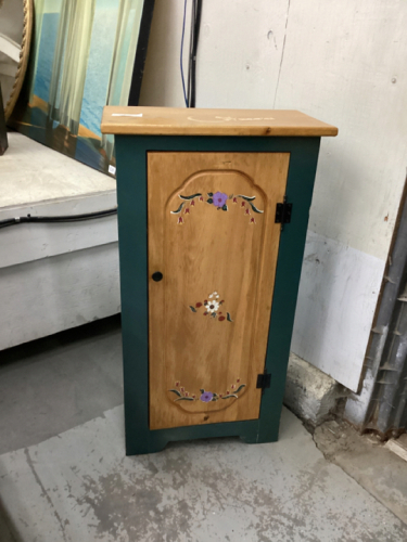 SMALL WOOD CABINET W SOME STENCILING