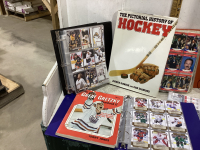 BOX OF HOCKEY CARDS AND 2 BOOKS