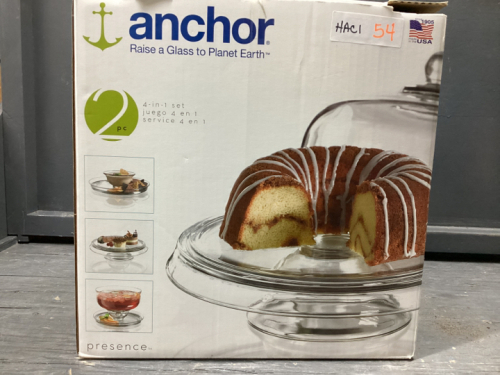 ANCHOR 4 IN 1 GLASS SET - COVERED CAKE PLATE, PUNCH BOWL, CHIP/DIP, PLATTER