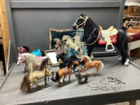 BOX W/ PLASTIC HORSES, HORSE WIND CHIMES AND PICTURE FRAME AND NEEDLEPOINT PICTURE