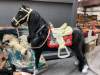BOX W/ PLASTIC HORSES, HORSE WIND CHIMES AND PICTURE FRAME AND NEEDLEPOINT PICTURE - 2