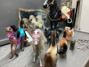 BOX W/ PLASTIC HORSES, HORSE WIND CHIMES AND PICTURE FRAME AND NEEDLEPOINT PICTURE - 3