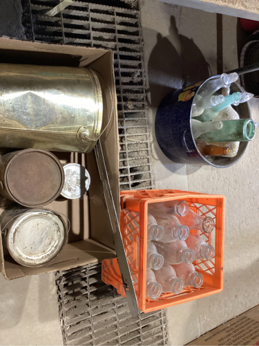 SHELF 12 - MILK BOTTLES, OLD TINS