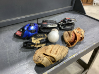 BOX W/ BASEBALL GLOVES, BALLS