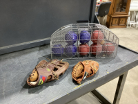BOX W/LEATHER BASEBALL GLOVES (BOTH FOR LEFT HANDED THROWERS ) AND BOCCE BALL SET