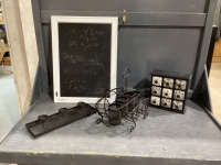 CHALKBOARD, CANDLE HOLDER, SMALL CURIO BOX, PICNIC CADDY