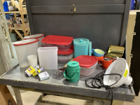 2 BOXES-PLASTIC STORAGE CONTAINES, TUPPERWARE PITCHER, MUGS,