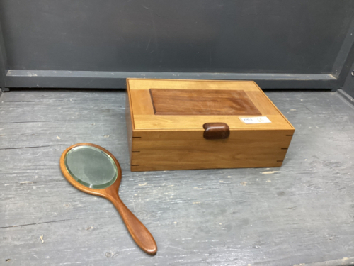 HANDMADE VANITY/JEWELRY BOX W/ WOOD HAND MIRROR