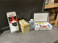 BOX. W/FIRST AID KIT, EYE WASH KIT, 3 BOXES LARGE POLY GLOVES, HAND SANITIZER