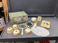 VINTAGE "FRENCH IVORY" VANITY SET - (2) HAND MIRRORS, POWDER CONTAINERS, CRUSH, COMB, TRAY, CORSET HOOK, TWEEZERS